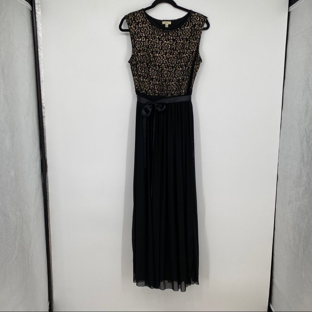 Haani Lace Metallic Floral Sleeveless Mesh Sheer Tie Waist Scoopneck Pleat Dress